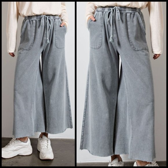 📌 EASEL "The Originals" Mineral Wash Wide Leg Drawstring Pants Pockets Raw Hems - Picture 8 of 15